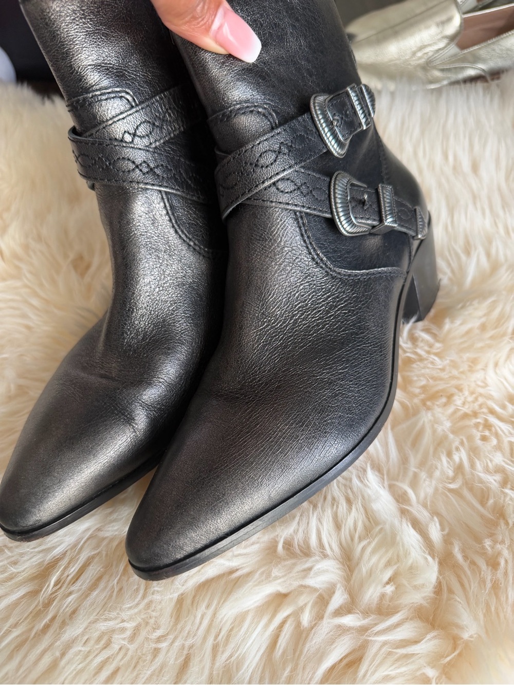 Frye Black Leather Pointed Ankle Booties with Buckle Straps